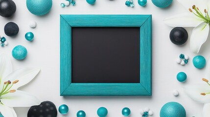 Poster - A teal-framed chalkboard surrounded by decorative spheres and flowers for creative displays.