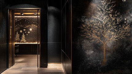 Poster - A stylish hallway featuring artistic tree and mountain wall designs.