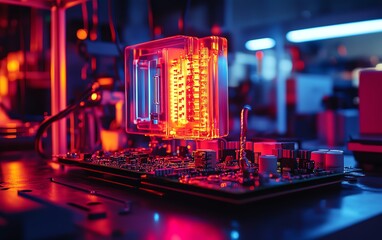 Fototapete - A modern circuit board illuminated with neon red and blue lights, set in a dark technology lab at night, displaying detailed components and a futuristic, techfocused ambiance