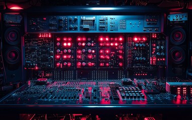 Fototapete - A modern circuit board illuminated with neon red and blue lights, set in a dark technology lab at night, displaying detailed components and a futuristic, techfocused ambiance