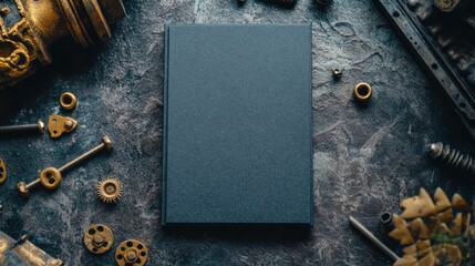 Poster - A blank book surrounded by various mechanical parts and tools on a textured surface.