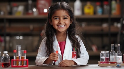 Poster - A young girl in a lab coat smiles while holding a test tube in a science lab setting.