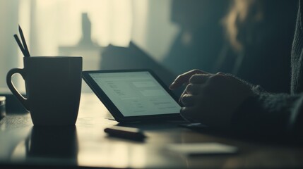 Poster - A person using a tablet while seated at a table with a mug, immersed in work or study.