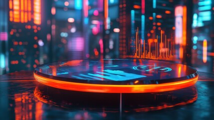 Aufkleber - A futuristic display platform with vibrant neon lights and data visualization elements.