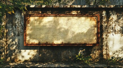 Poster - A weathered sign on a rustic wall, partially obscured by surrounding foliage.