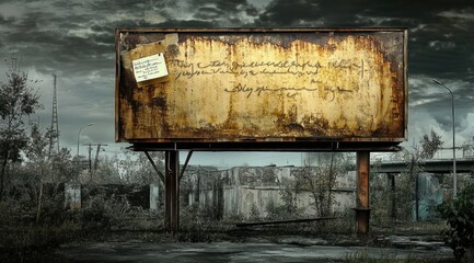 Poster - A dilapidated billboard in a desolate landscape, featuring faded writing and rust.