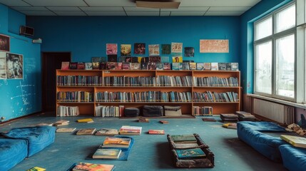 Aufkleber - A disordered library with blue walls, empty shelves, and scattered books on the floor.