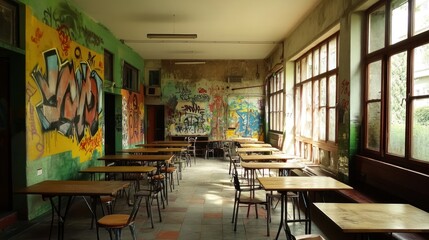 Aufkleber - An empty classroom with colorful graffiti on the walls and wooden tables.