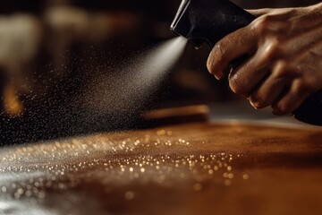 Poster - A hand sprays a fine mist onto a wooden surface, creating a glistening effect.