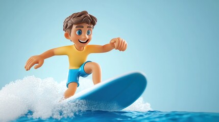 Poster - A cheerful cartoon boy surfing on a wave, showcasing fun and adventure.