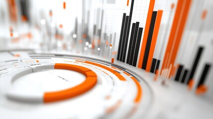 Aufkleber - Abstract data visualization with circular and bar graphs in orange and black tones.