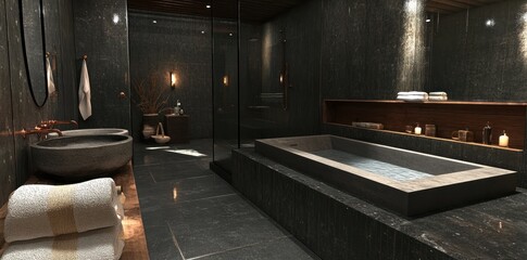Poster - A modern spa bathroom featuring a soaking tub and stone decor for relaxation.
