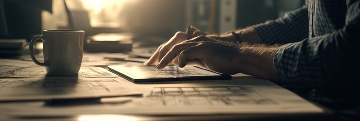 Poster - A person typing on a tablet surrounded by sketches and a coffee cup in a workspace.