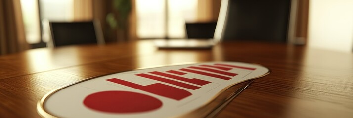 Poster - A close-up of a logo on a conference table with a laptop in the background.