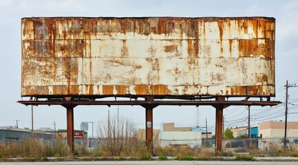 Poster - A rusty, abandoned billboard stands in an overgrown industrial area, conveying neglect.