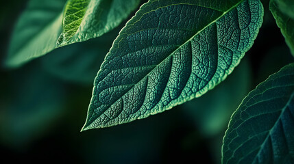 Wall Mural - A closeup background image of a natural green leaf vividly showcasing the intricate details of its texture 