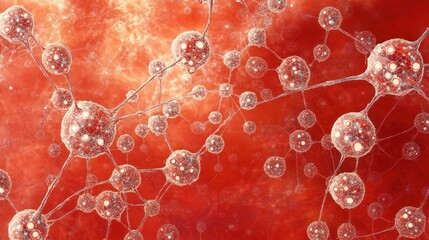 Poster - Abstract representation of interconnected cells or molecules in a vibrant red background.