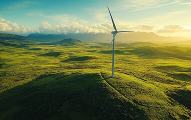 A tall wind turbine in the middle of a lush green field, with a bright blue sky and clear air, symbolizing renewable energy and sustainability in a tranquil, natural environment