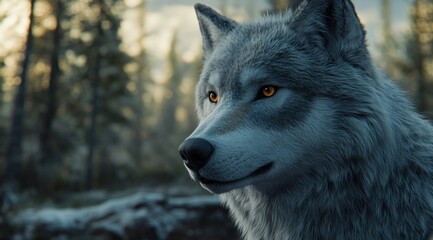 Aufkleber - A close-up of a wolf with striking golden eyes in a forest setting.