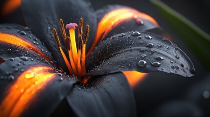 Poster - A close-up of a black lily with vibrant orange highlights and water droplets.