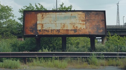 Poster - A weathered billboard stands in an overgrown area, showcasing neglect and abandonment.