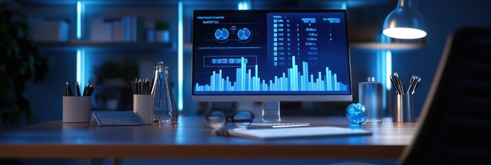 Poster - A modern workspace featuring a computer displaying data analytics and graphs.