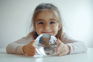 Aufkleber - A smiling child with glasses holds a crystal ball on a table, radiating joy and curiosity.