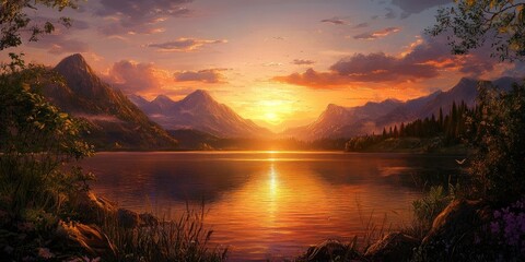 Wall Mural - Stunning sunset over a natural lake, framed by majestic mountains, showcasing the serene beauty of the landscape. This captivating sunset landscape encompasses the tranquility of nature s lake and