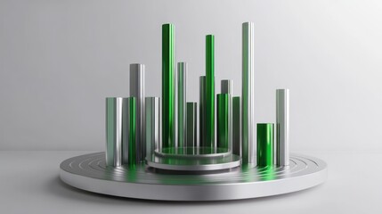 Poster - Abstract representation of data visualization with green and silver bars on a circular base.