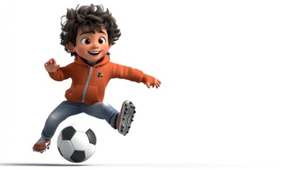 Poster - A cheerful cartoon boy playing soccer with a black and white ball.