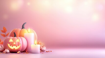 Poster - A pastel-themed Halloween background with pumpkins and soft bokeh lighting, perfect for adding your own text and creating a trendy atmosphere.