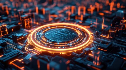 Poster - Futuristic Cybernetic Circuit Board Design with Vibrant Orange LED Lights and Intricate Patterns in a Digital Landscape of Technology and Innovation