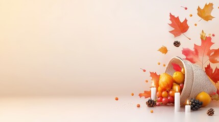 Poster - A Thanksgiving background featuring vibrant orange and red fall leaves, a cornucopia overflowing with fruits, and candles, evoking the spirit of gratitude and celebration.
