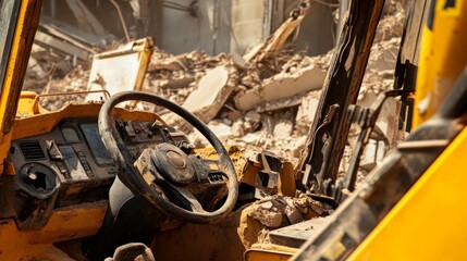 Poster - An intimate view of a heavy equipment operator inside a bulldozer, clearing debris at a demolition site, Demolition scene