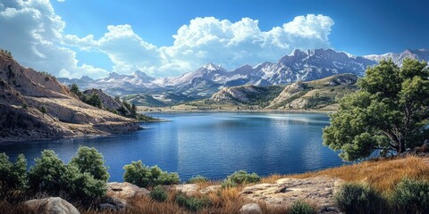 Wall Mural - A scenic view of a lake nestled in the mountains under a sunny sky, showcasing the beauty of nature and inviting observers to appreciate the tranquil lake environment.