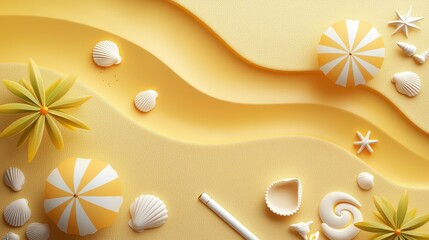Poster - Bright and dynamic clipart of a summer beach with sun umbrellas, palm trees, and seashells scattered along golden sand
