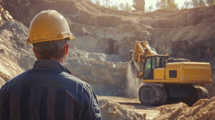 Poster - An intimate view of a heavy machinery operator in a quarry, managing equipment for stone extraction, Quarry operation scene