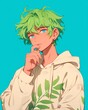 © Whiteney - Anime Boy Illustration Green Hair Hoodie. Pastel Anime Illustration.