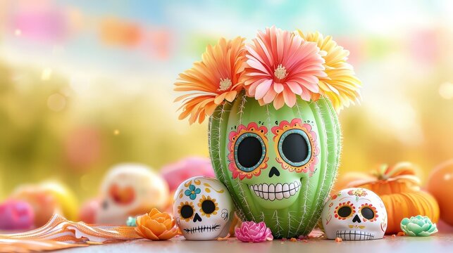 Close-up of a  cactus with intricate patterns of blooming flowers, surrounded by sugar skulls, serape patterns, and festive decor