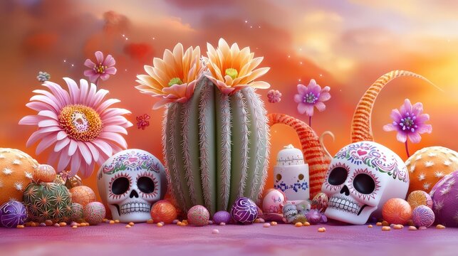 Close-up of a  cactus with intricate patterns of blooming flowers, surrounded by sugar skulls, serape patterns, and festive decor