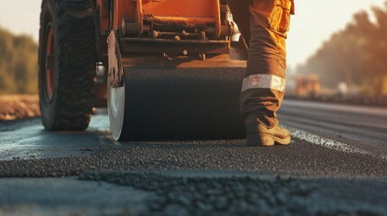 Poster - An intimate view of a road worker operating a paving machine on a highway construction site, Highway paving operation scene, Focused and efficient style