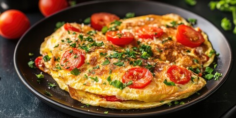 Wall Mural - Delicious omelette featuring fresh tomato, bell pepper, onion, and cheese for a nutritious breakfast. This healthy breakfast option showcases a flavorful omelette perfect for any meal.