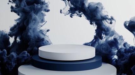 Poster - Elegant 3D Podium with Empty Space on Top Surrounded by Artistic Swirls of Dark Blue Abstract Smoke in a Minimalist Style for Modern Visual Presentations