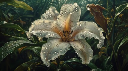 Aufkleber - Beautiful White Lily with Water Droplets Surrounded by Green Foliage in a Lush Garden Setting Captured in Bright Natural Light for Stock Photography