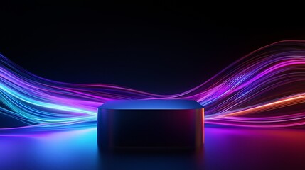 Poster - Sleek 3D Podium in an Empty Space Surrounded by Vibrant Light Trails Creating a Futuristic and Modern Atmosphere for Product Presentation or Showcase