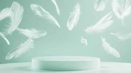Poster - Stylish 3D Podium Display with Ample Empty Space and Floating White Feathers for Creative Projects and Modern Presentations