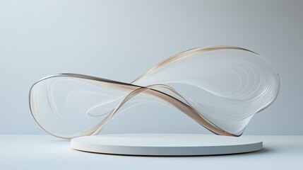 Poster - Stylish 3D Visualization of an Elegant Podium Surrounded by a Large, Empty Space with Abstract Flowing Elements in a Light Setting