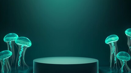Poster - Futuristic 3D Empty Podium Surrounded by Glowing Jellyfish in a Dark, Stylish Setting Ideal for Presentations and Artistic Displays