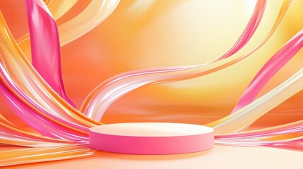 Poster - Stylish 3D Podium Surrounded by Colorful Abstract Waves in Ample Empty Space, Ideal for Presentations and Product Showcases in a Vibrant Environment