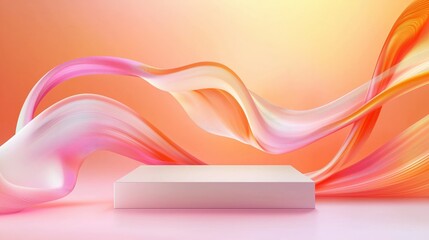 Poster - Stylish 3D Podium Surrounded by Ample Empty Space with Flowing Colorful Waves for Creative Display and Presentation in a Modern Design Setting